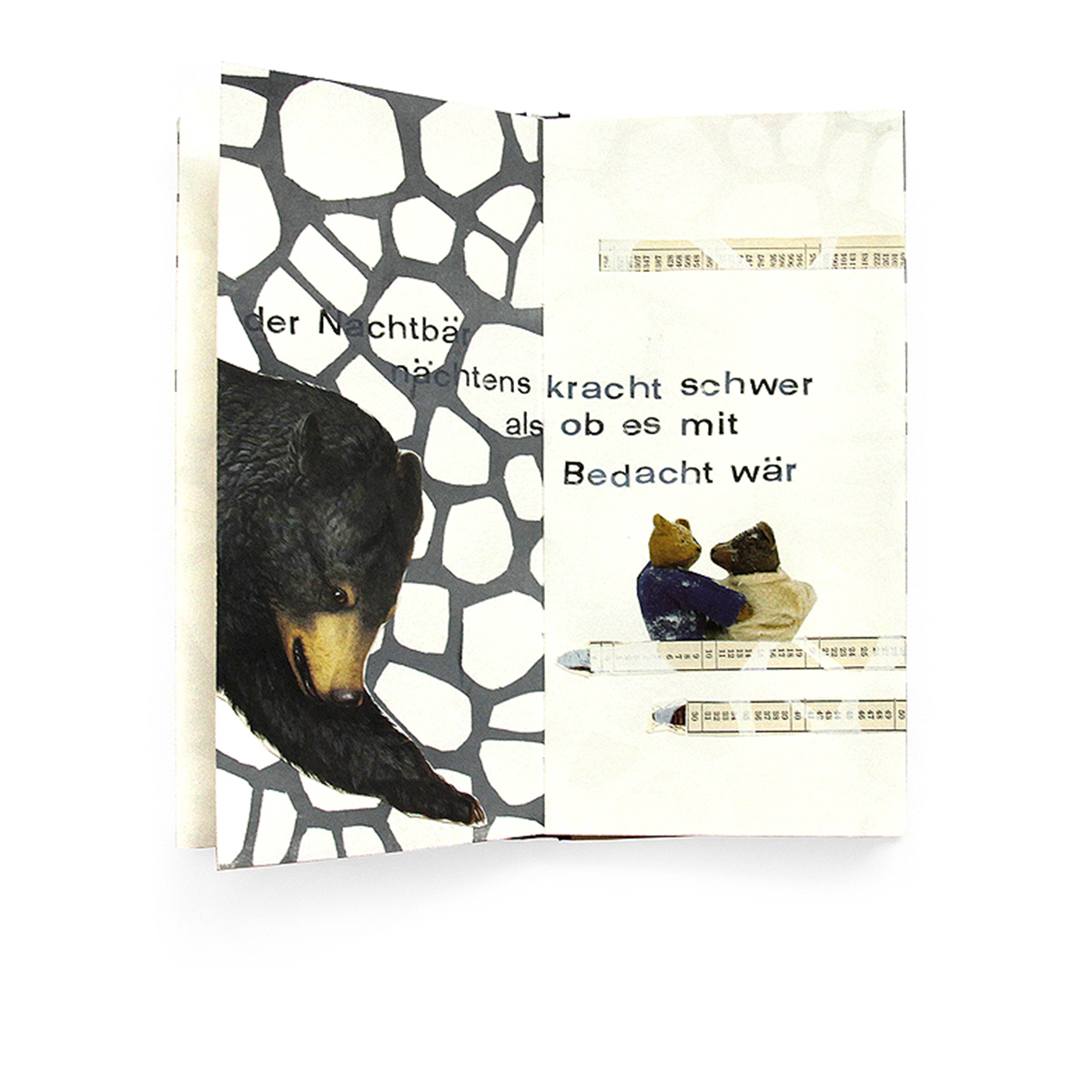 Susanne Nickel „Bärenreise“ Künstlerbuch zum gleichnamigen Gedicht von Marion Poschmann, Collage, Gummidruck, 2011