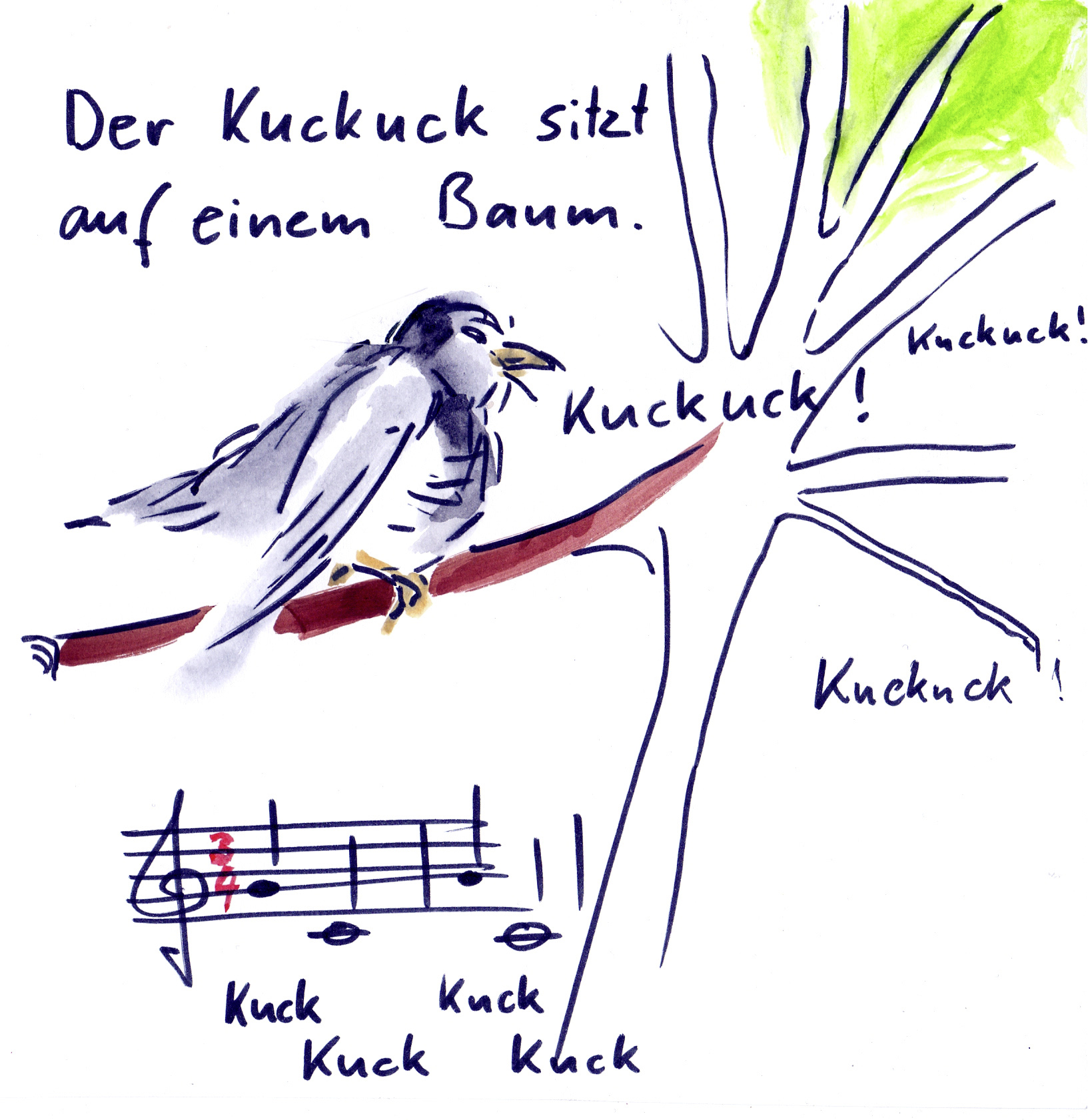 Christian Kabuß: Auf einem Baum ein Kuckuck, Illustration zu Unterrichtszwecken, 2016, Filzstift und Tempera